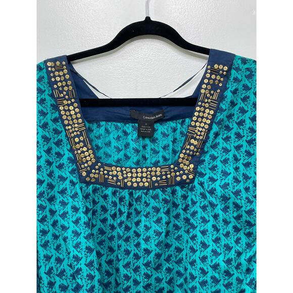 New Calvin Klein Flutter Kaftan Short Sleeve Blouse Geo Loose Embellished Bold M - Picture 3 of 10